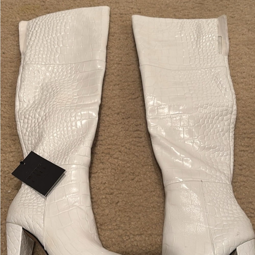 White Croc-Embossed Knee-High Women's Boots